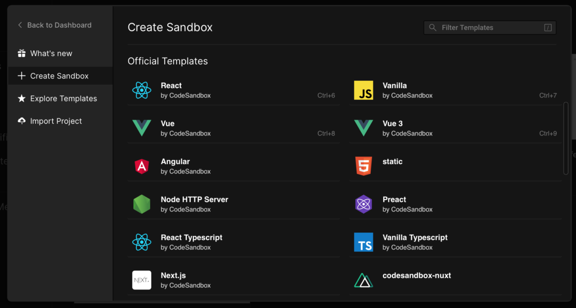 CodeSandbox, Template screen. You can select your programing language.